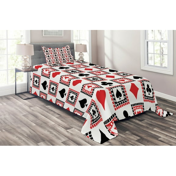 Ambesonne Casino Quilted Coverlet 2 Pcs, Playing Cards, Twin Size, Scarlet Black