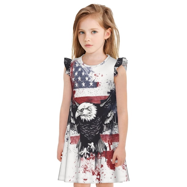 Fotbe American Flag Eagle Art Vestido de Dormir para Niñas de 3 a 10 Años, Mangas Cortas, Estilo Princesa, Pijama Camisón con Mangas Voladas-Large
