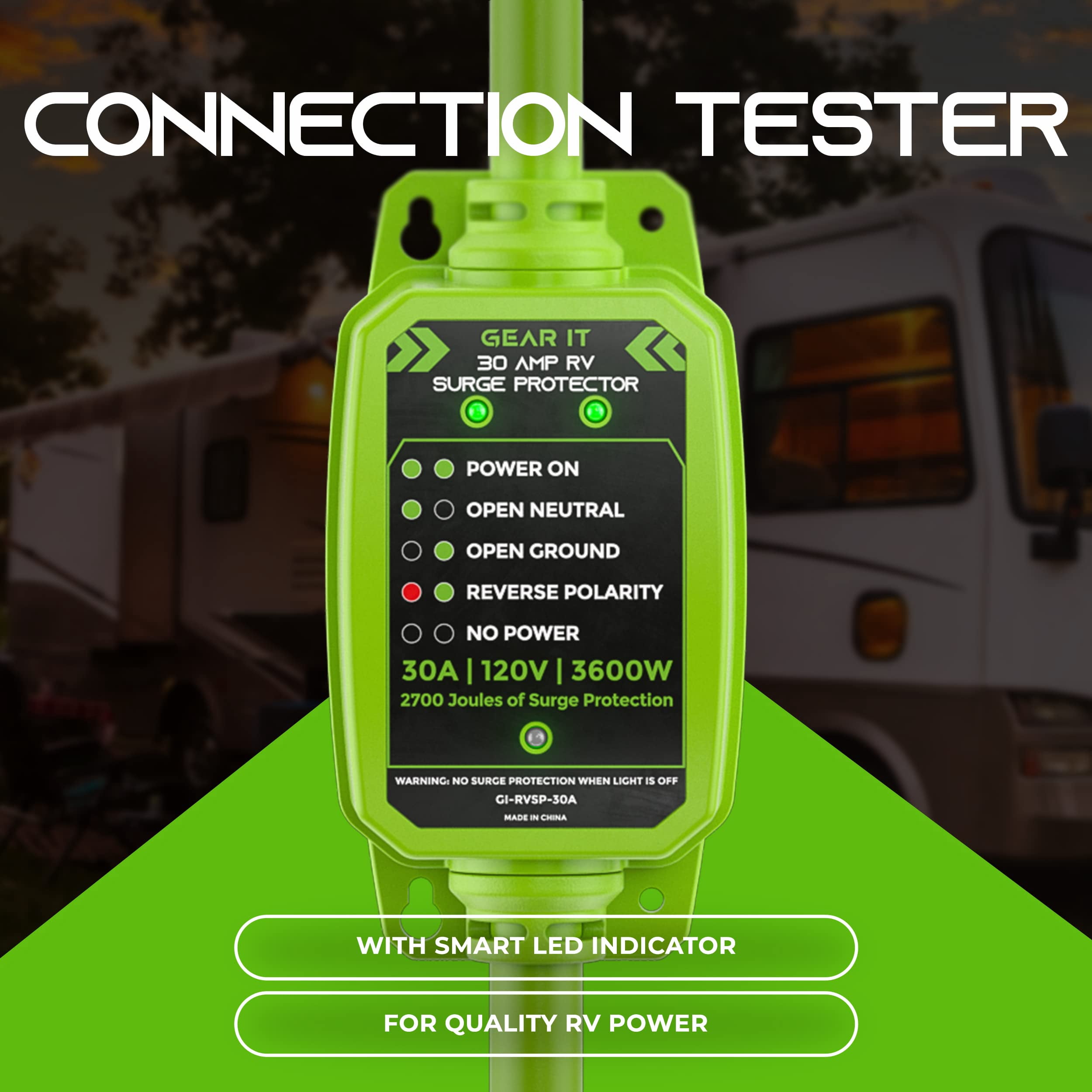GEARit RV Surge Protector 30 Amp Heavy-Duty Outdoor Extension Plug with Circuit Analyzer Led Voltage Monitor 2700 Joules for Camper Trailer