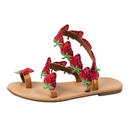 

YanHoo Women s Flat Sandals Cute Strawberry Strap Clip Toe Dressy Roman Sandal Summer Casual Shoes for Beach Travel