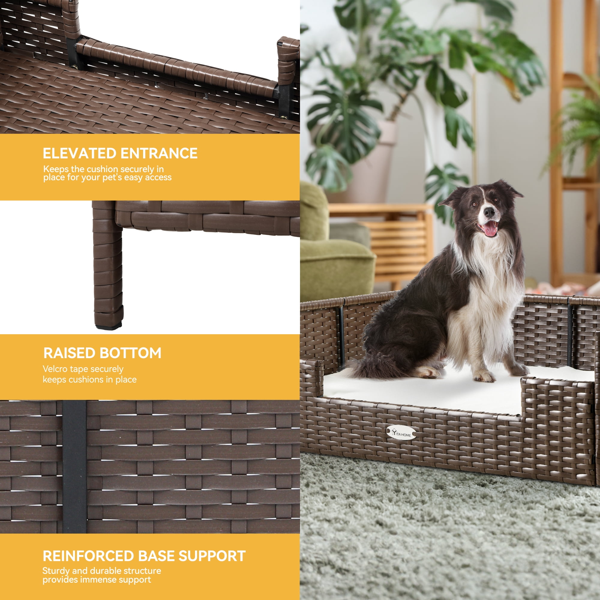 Dextrus Rattan Dog Bed with Beige Cushion, Indoor Outdoor Pet Bed for Small Medium Dogs and Cats,34.6''Lx23.6''Wx11.8''H,Brown