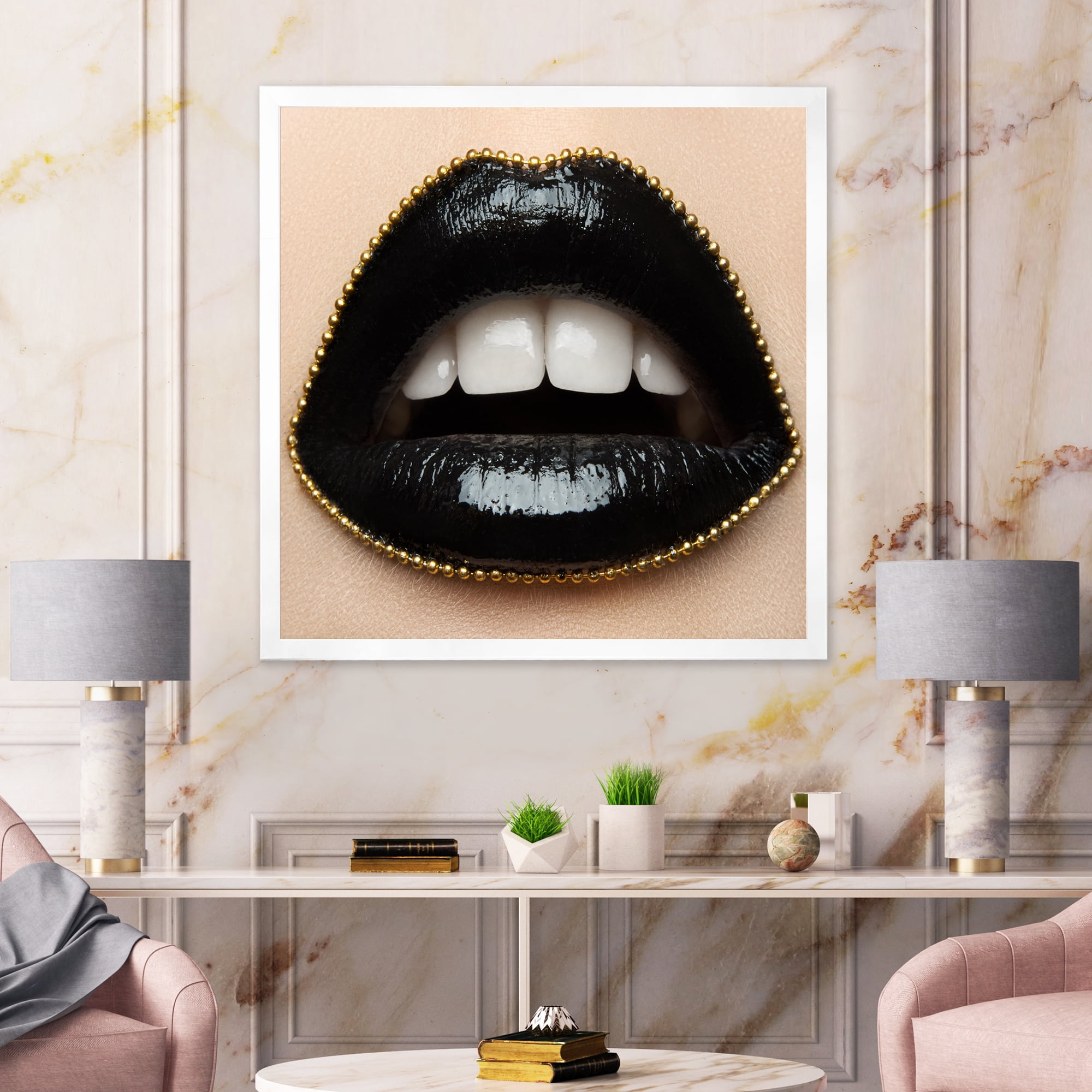 Designart 'Woman Lips With Black Lipstick & A Gold Chain' Modern Framed Art Print