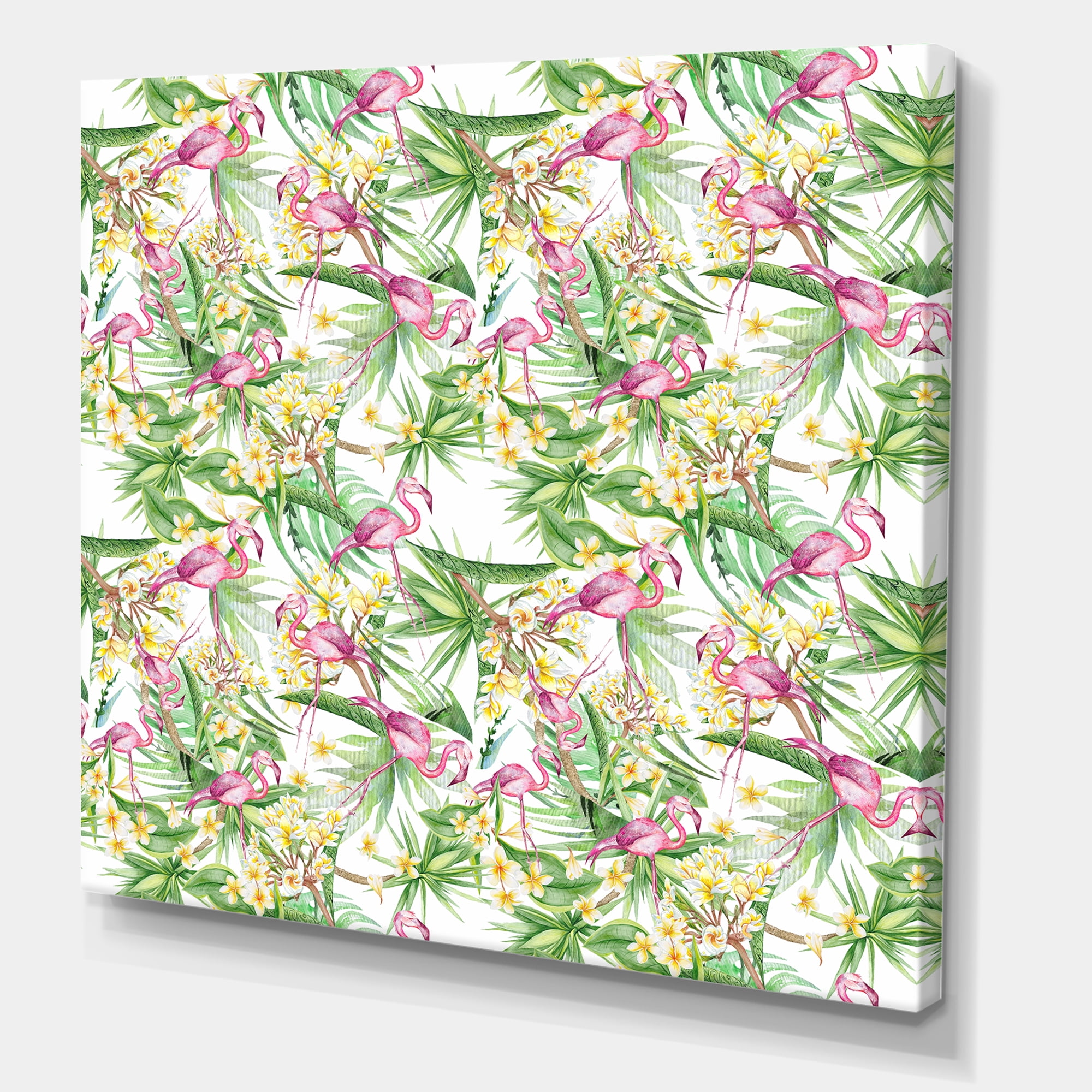 Designart ' Yellow Flowers, Tropical Foliage With Flamingo II ' Modern Canvas Wall Art Print