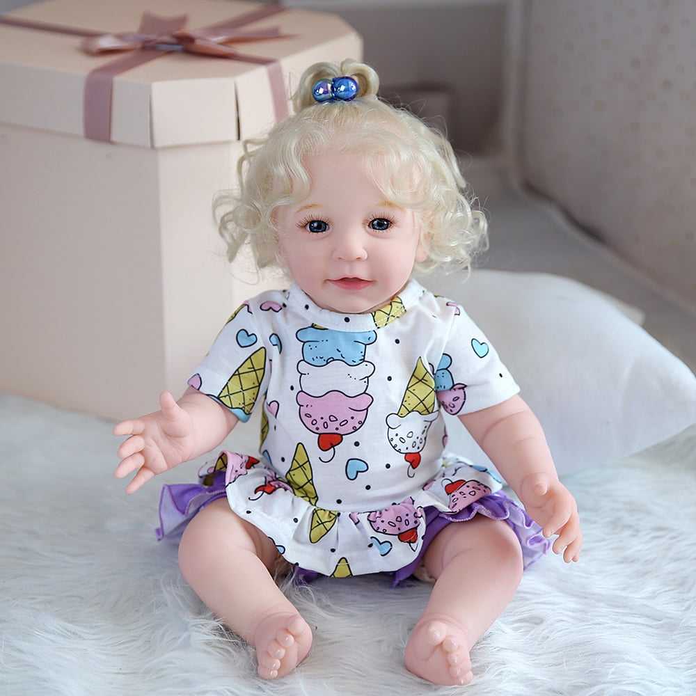 Reborn Baby Dolls 22'' Blond White Skin Soft Body Silicone Limbs Smiling Baby Dolls Christmas Birthday Gift Set for Toddlers