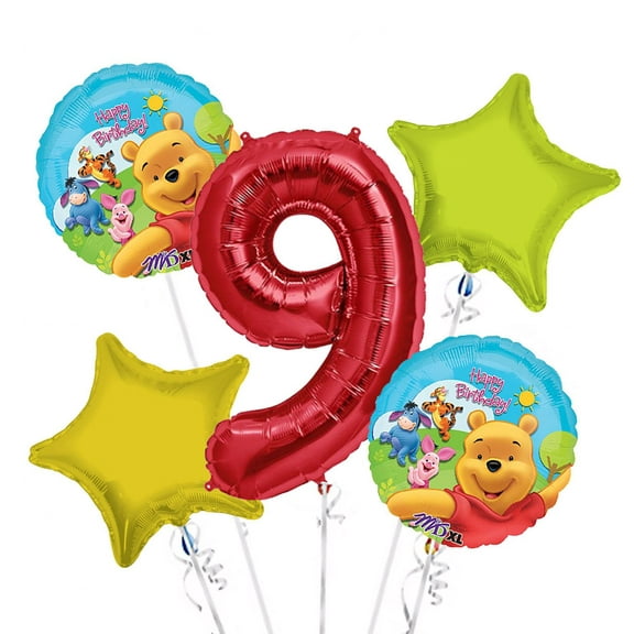 Winnie the Pooh Balloon Bouquet 9th Birthday 5 pcs - Party Supplies