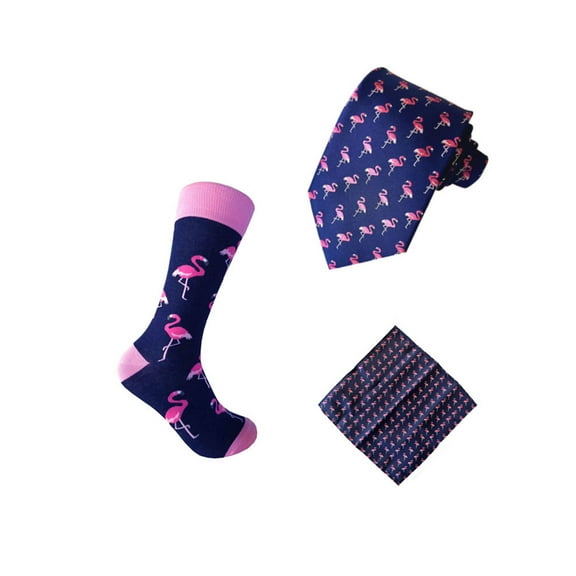 Triple M Plus Novelty Flamingo Pattern Men's Mid-calf Dress Casual Socks With Necktie and Pocket Square In Navy with Pink and Light Pink