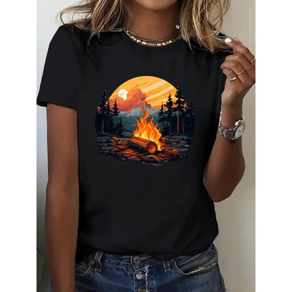 Women's Black Print Tshirt Graphic Tees Shirts Camping Bonfire Outdoor Design Casual Tops S-5XL