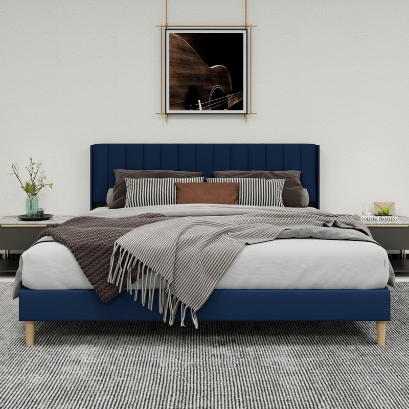 Pillfn Upholstered Platform King Size Bed Frame with Headboard Wooden Slats Support,Blue