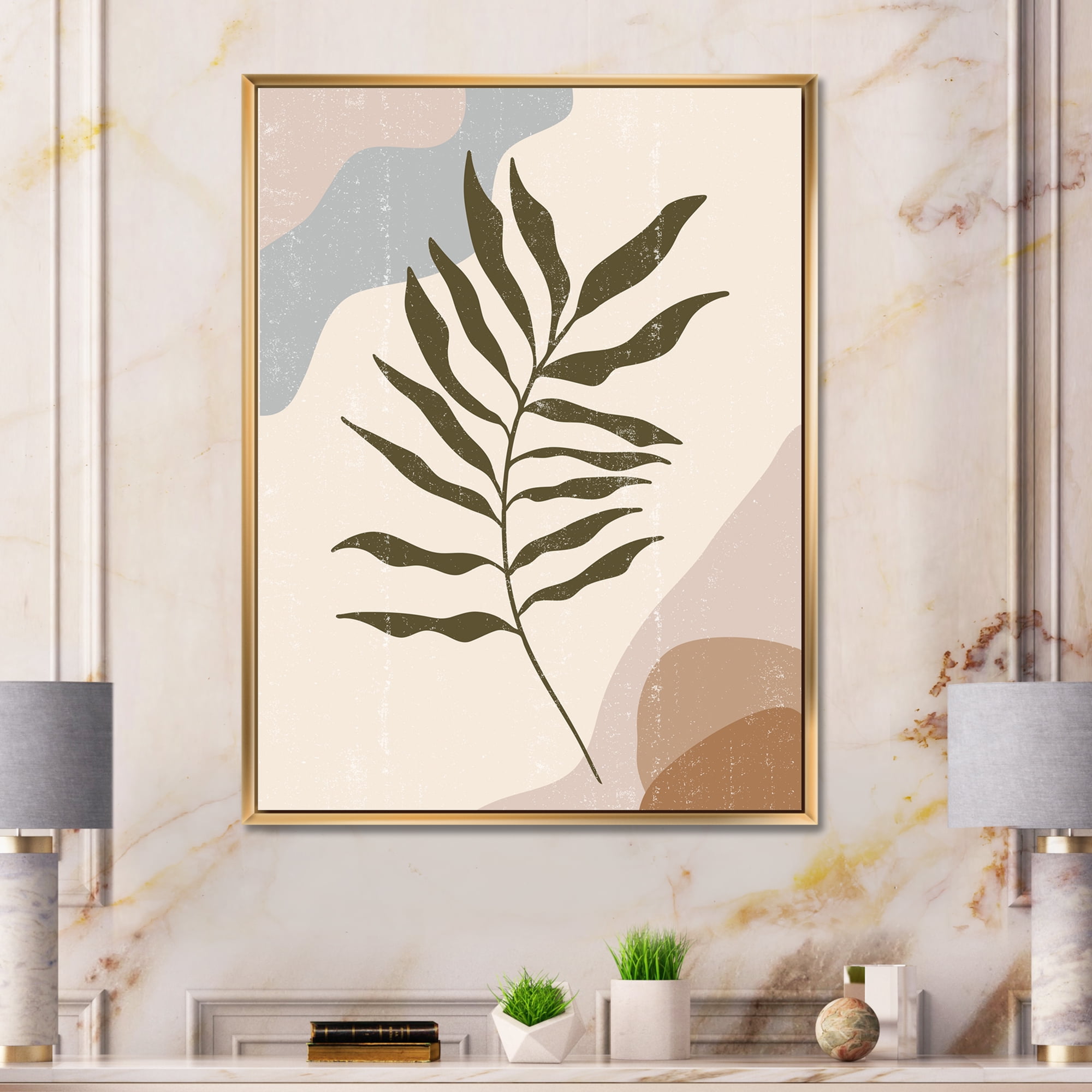 Designart 'Abstract Botanical Minimalist Leaf In Earth Tones I' Modern Framed Canvas Wall Art Print