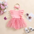 thumbnail image 5 of Baby Toddler Girls Rompers Dress 3 6 12 18 Months Round Neck Floral Print Mesh Skirt Hem Infant Bodysuits Jumpsuits with Headband, 5 of 9