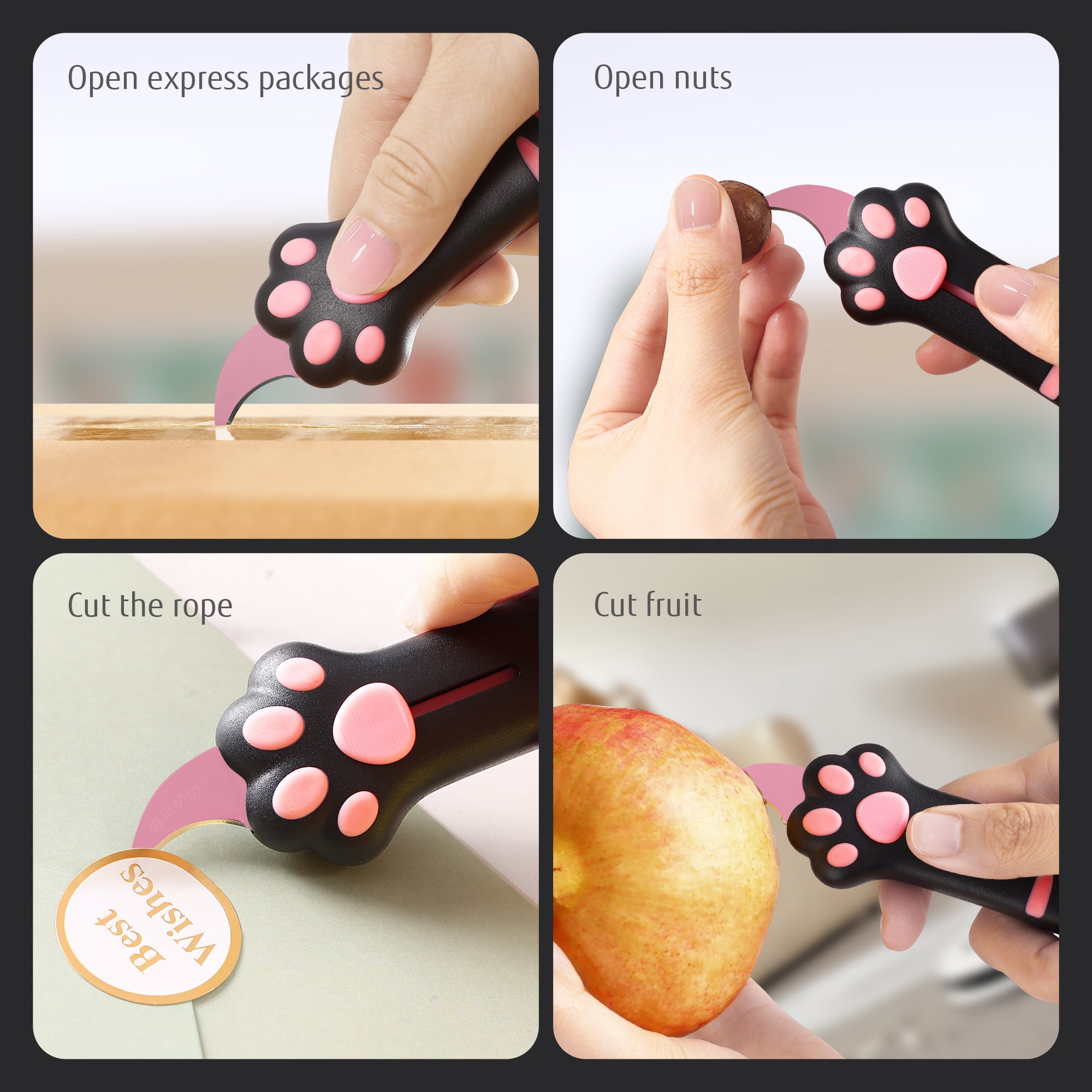 Meowkit Retractable Cat Paw Box Cutter, Cute Black & Pink Multi-purpose Utility Knife with Safe Slide Blade