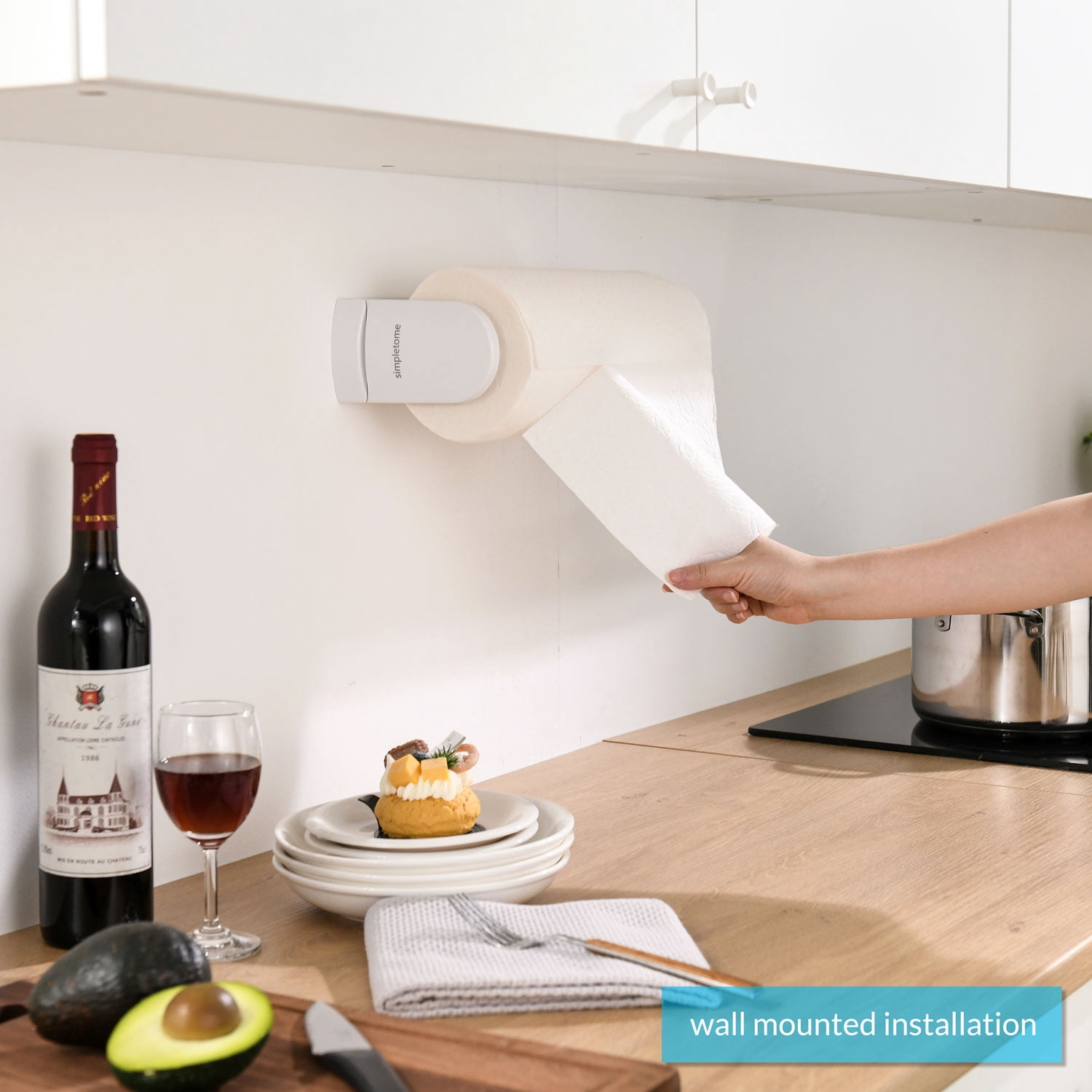 simpletome ONE HAND TEAR Paper Towel Holder Under Cabinet Adhesive or Drilling Installation Aluminum Alloy + ABS (White)