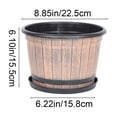 thumbnail image 3 of Planters for Outdoor Plants Imitation Whiskey Barrel Plastic Flower Pot 8.85 Inch, Wood Grain Decorative Planter with Drainage Holes & Matching Saucer for Garden Balcony Indoor Potted Plant Decor, 3 of 7