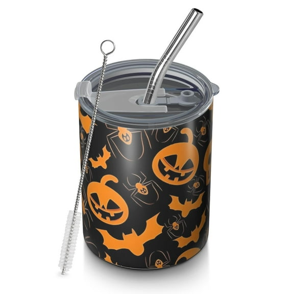 12oz Coffee Tumblers Halloween Spider Bat Pattern Stainless Steel Vacuum Insulated Travel Tumbler Coffee Cups Mug with Lid and Straw with Cleaning Brush for Cold & Hot Drinks
