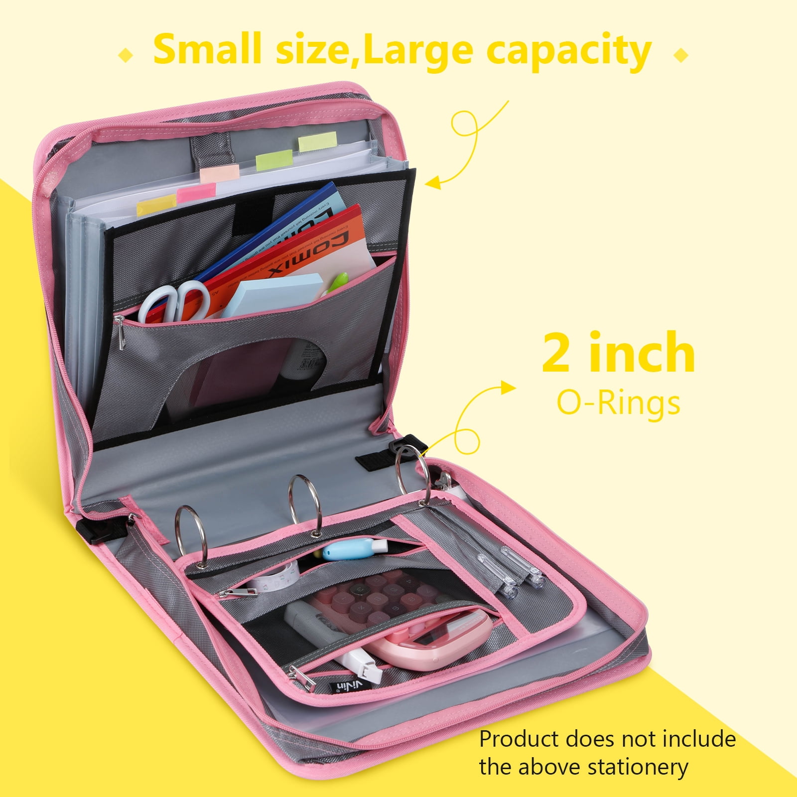 ViVin Zipper Binder 2 Inch O-Ring 450 Sheet Capacity, Multiple Tab and Zip Pockets, Office Supplies,Blue&Pink
