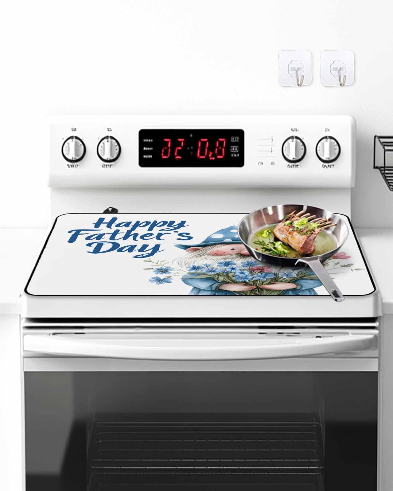 Stove Top Covers for Electric Stove 36x21 Inches, Happy Father's Day Heat Insulation Fireproof Glass Cooktop Protector, Blue Gnomes Floral Botanical Countertop Stovetop Cover for Kitchen