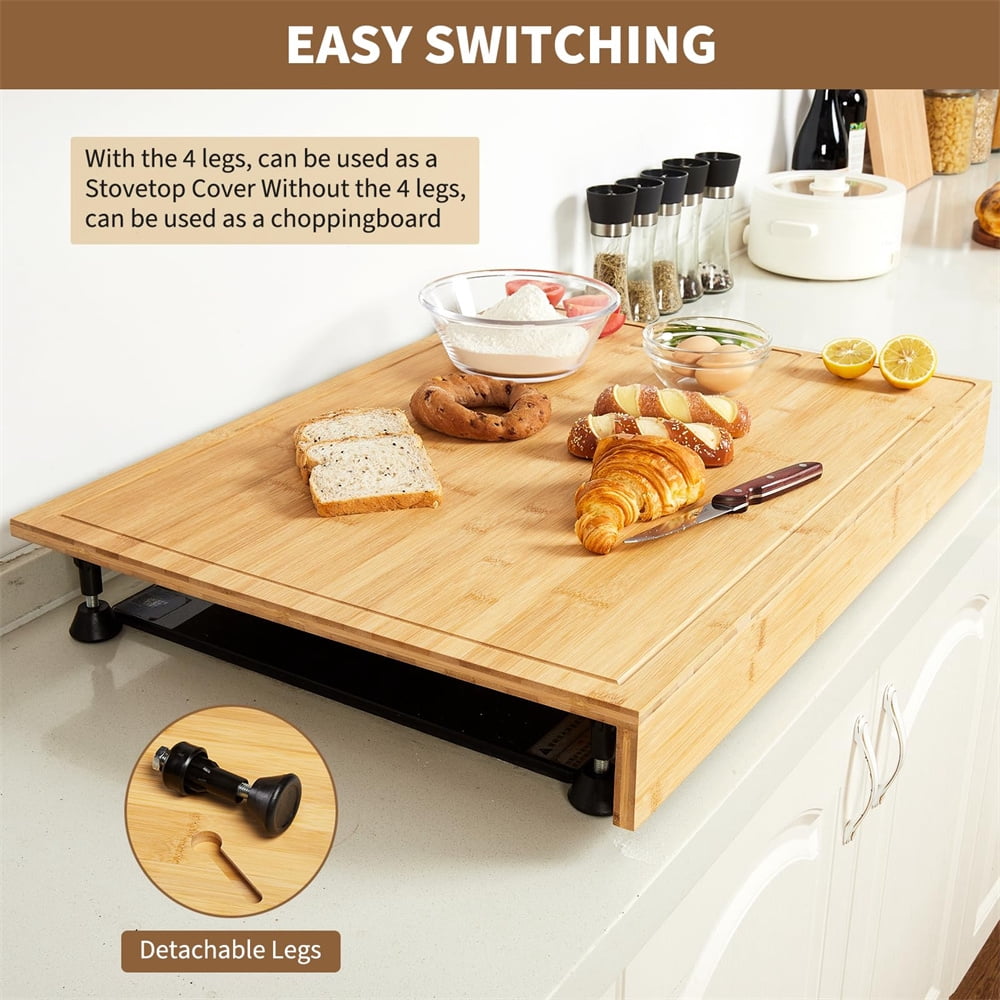 30" x 21" Extra Large Bamboo Cutting Board & Stovetop Cover, 2-in-1 Stove Top Cover Chopping Board with Detachable Feets, Kitchen Board with Juice Groove
