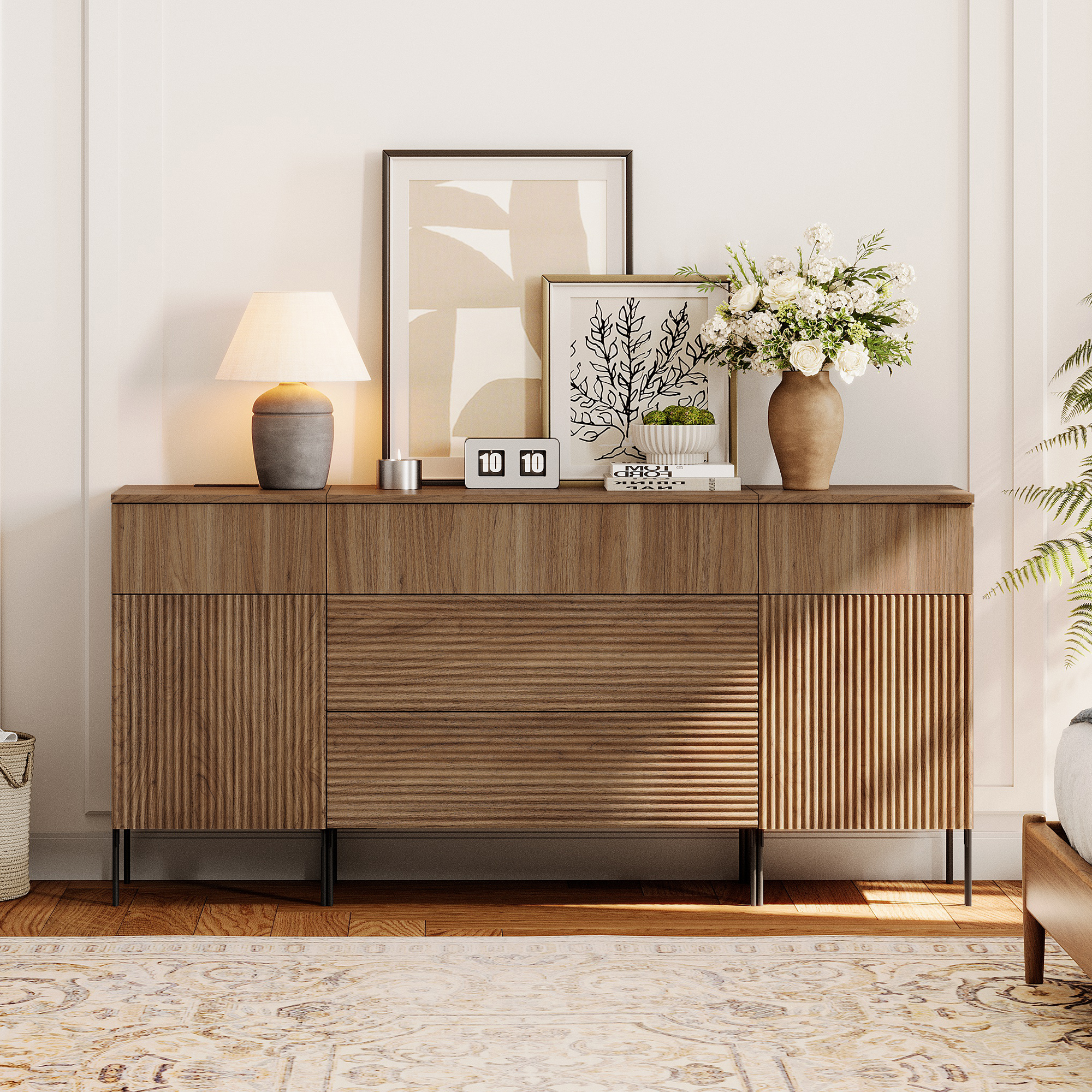 WAMPAT 63" Sideboard Cabinet with 5 Drawers and 2 Doors, Modern Fluted Credenza with Charging Station, Push-to-Open Storage Cabinet for Dining Room, Living Room