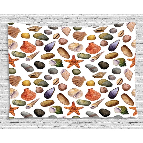 Shells Tapestry, Beach Sand Theme Watercolor Drawing of Sea Elements Sea Stones Starfish and Seashell, Wall Hanging for Bedroom Living Room Dorm Decor, 60W X 40L Inches, Multicolor, by Ambesonne