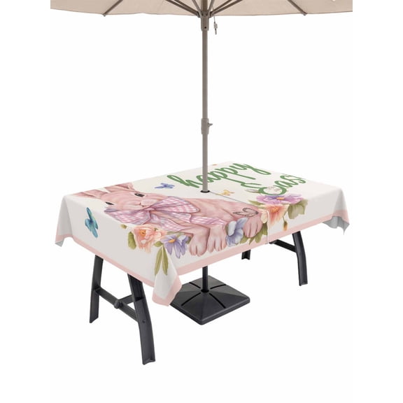 Happy Easter Outdoor Tablecloth - 60x120 Inch Rectangle Dining Table Cover, Spring Cute Rabbits Flowers Butterflies Pink Waterproof Outdoor Table Cloth with Umbrella Hole & Zipper for Picnic/Patio