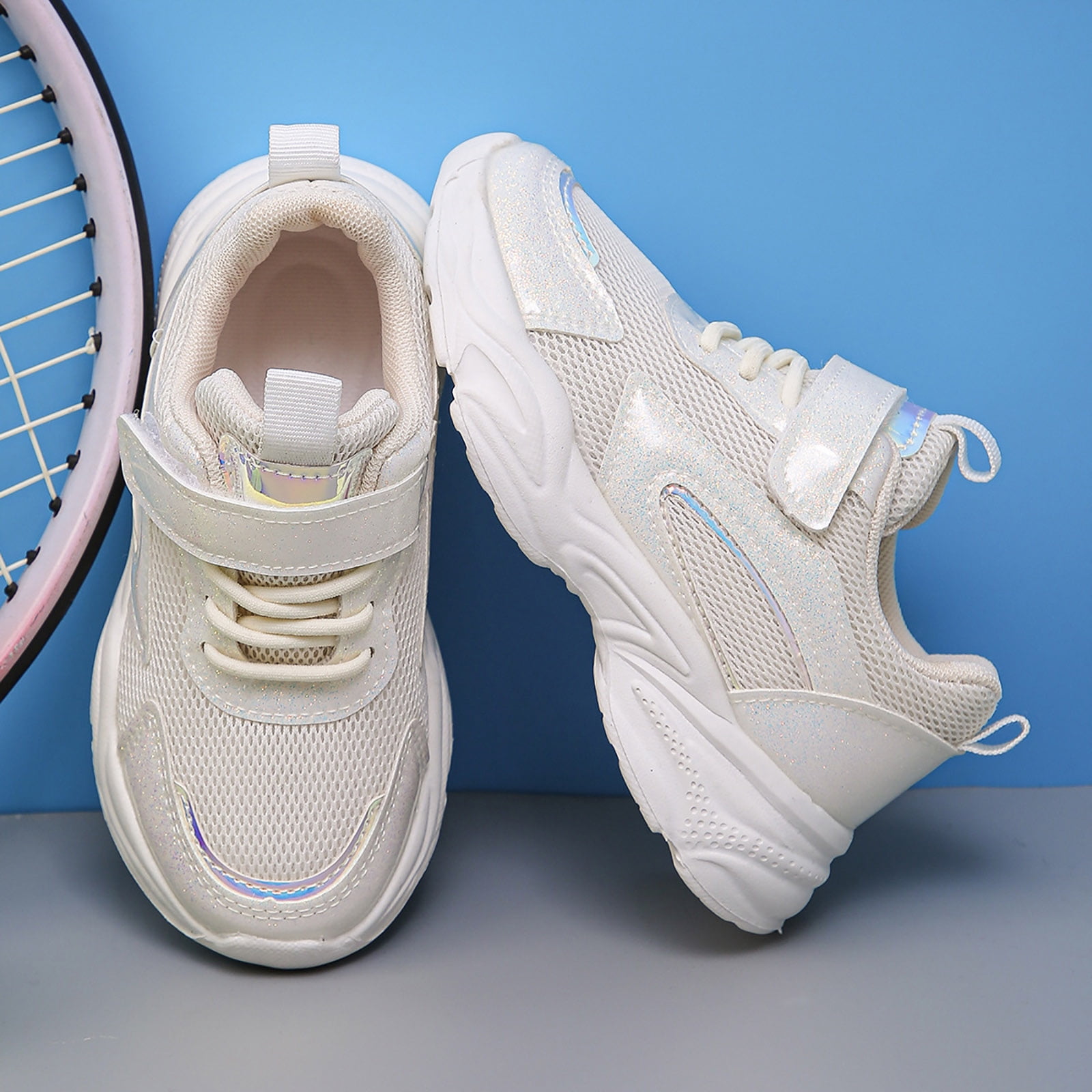 Ymyiu Girls Running Shoes Toddler Kids Sneakers Glitter Walking Shoes with Hoop and Loop (White,12)