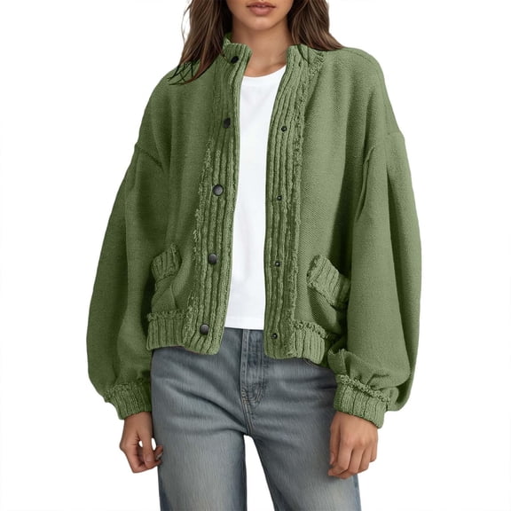 LWavelet Textured Knit Button Front Blouson Jacket Women Stylish Fall Casual Lightweight Oversized Outerwear Green M