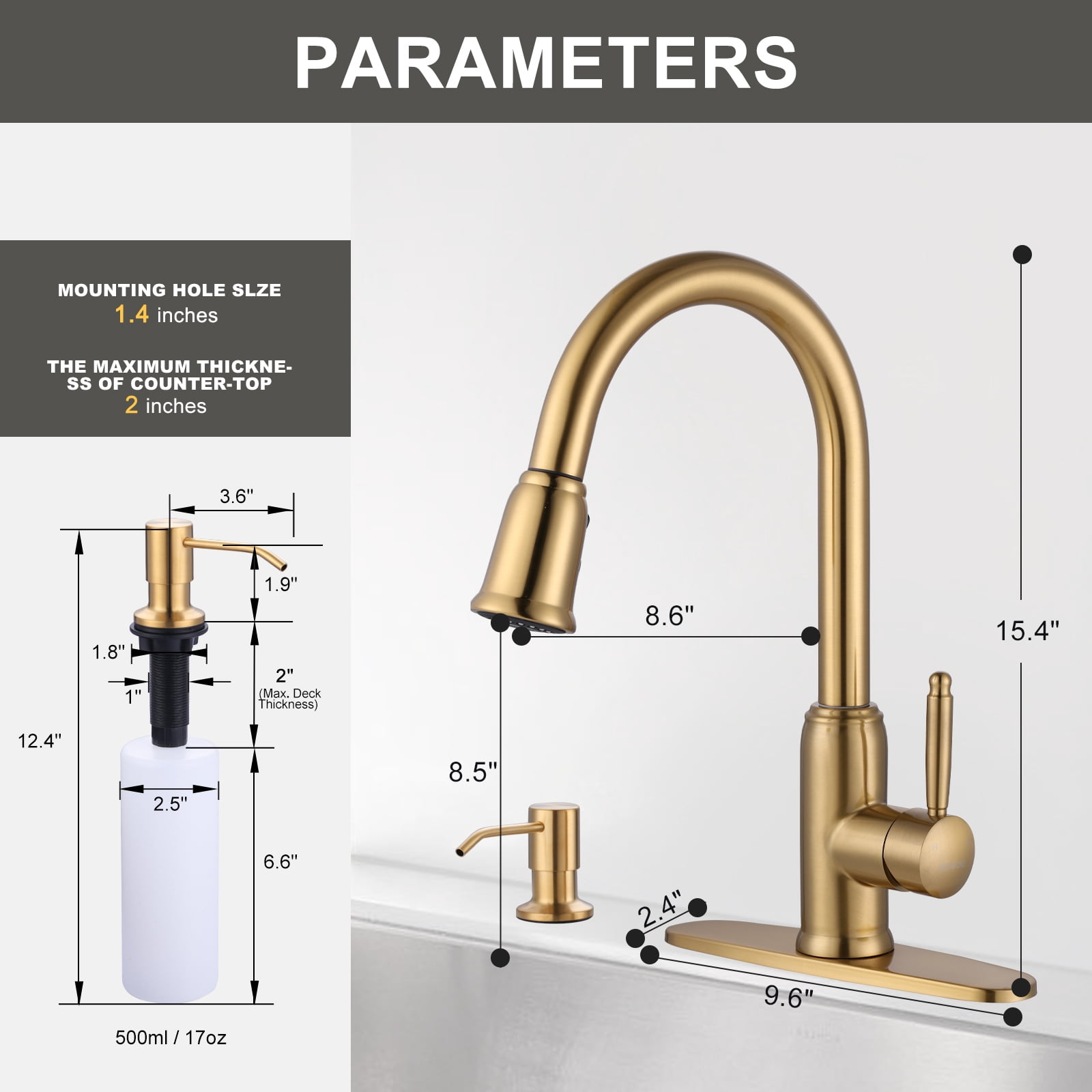 Wowow Stainless Steel Kitchen Faucet with Soap Dispenser, Gold Kitchen Faucet for Sinks