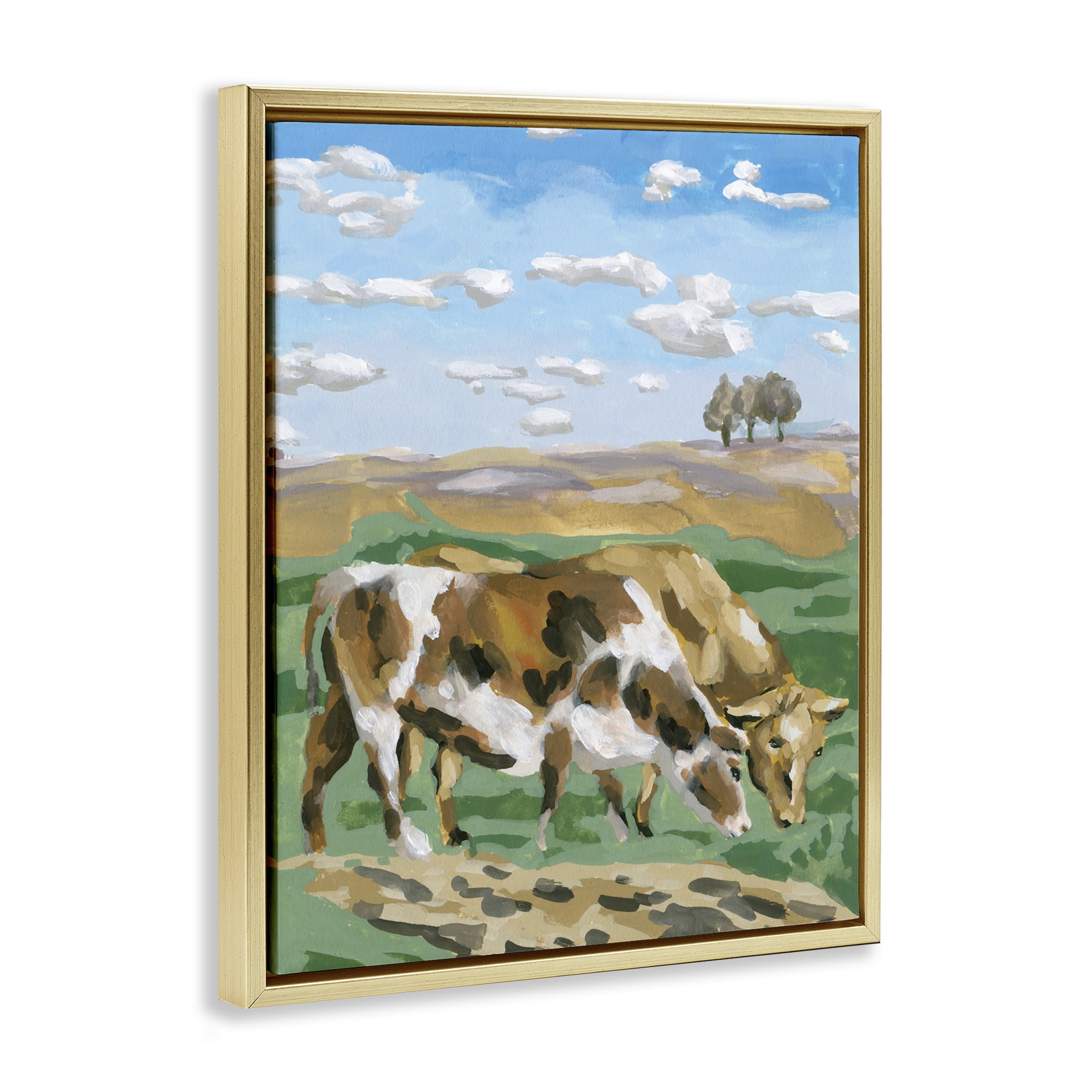 Stupell Industries Cattle Pair in Farmland Animals Painting Gold Floater Framed Canvas Art Print Wall Art, 25 x 31