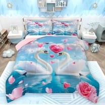 Castle Fairy White Swan Couple Girl Boy Bedding Comforter Set 2pcs,Chic Floral Pink Rose Twin Comforter Sets Microfiber,Happy Valentine's Day Breathable Bedding Set,Microfiber Bedroom Decor