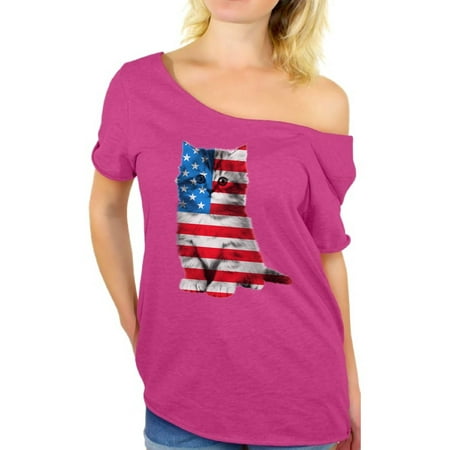 Awkward Styles Cat Off the Shoulder T Shirt Women's USA Flag Patriotic Tops 4th of July Gifts Cute Kitten American Flag T Shirt for Women Independence Day Stars and Stripes Shirts Cat Lover