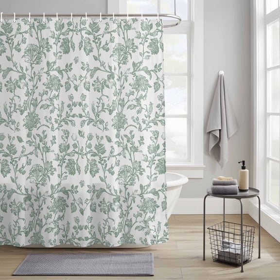 Bathroom Shower Curtain Vintage Farm Green Floral Pattern Waterproof Shower Curtains with Hooks, Pastoral Flower on White Bath Curtains Bathtub Curtain Home Decor 36x72in