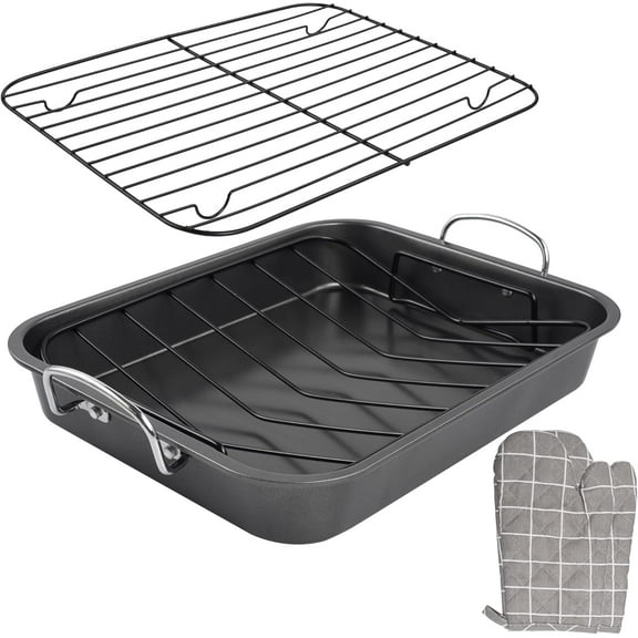 Nonstick Roasting Pan with Rack, 16 Inch x 11.5 Inch Rectangular Roaster Set for Roasting Turkey, Chicken, Meat and Veggies, Gray