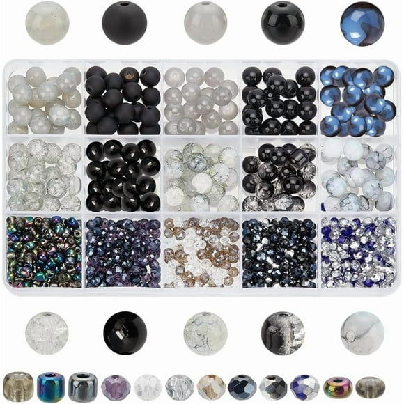 770 Pcs Perles en Verre Noir Blanc Gris 4/8mm Perles Rondes Espaceurs pour Bricolage Bracelets Boucles d'Oreilles Collier Fabrication de Bijoux