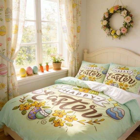 Vggrvlo Full Comforter Set Happy Easter Bunny Floral Green Soft Lightweight Microfiber Bedding Set Coverlet with 1 Lightweight Comforter(80"X90")and 2 Pillowcases(20"X30") for Ki-ds Women Decorations
