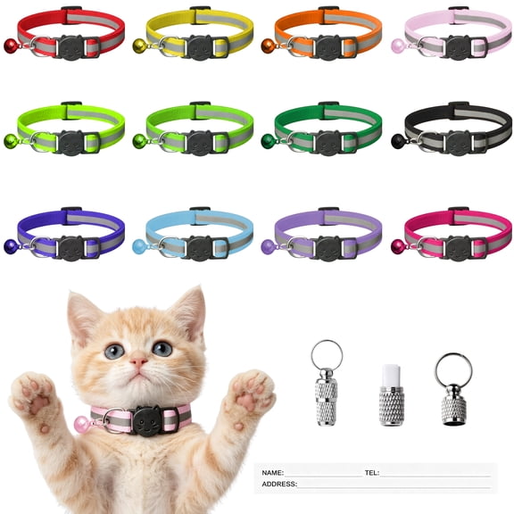 GARITIN 12-Pack Cat Collars, Breakaway Reflective Kitten Collar with Bell & ID Tag