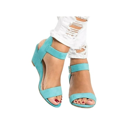 

SIMANLAN Women Sandals Ankle Strap Wedge Sandals Summer Beach Casual Shoes Blue 4.5