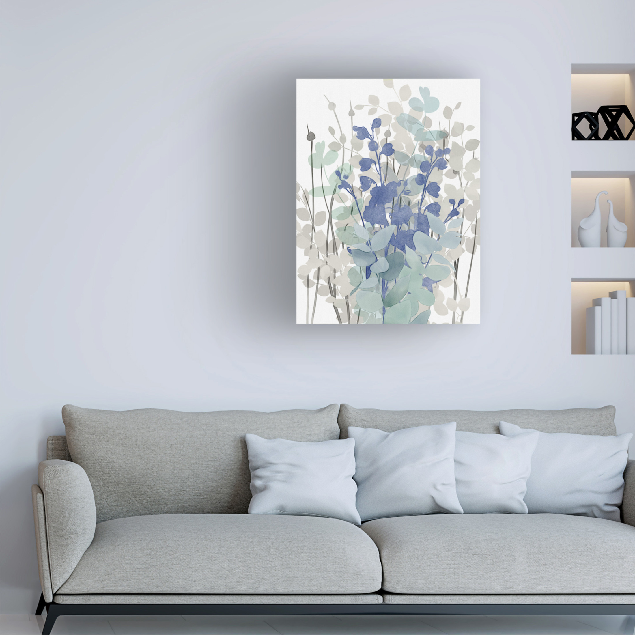 Canvas Wall Art - Cora Niele 'Airy Blue Flowers And Eucalyptus 02' Wall Art for Living Room, Bedroom, or Office Décor by Trademark Fine Art - 35 x 47 Inches