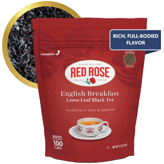 Red Rose English Breakfast Loose Leaf Black Tea Strong, Full-Bodied Aromatic Flavorful Blend Of Black Tea Caffeinated Enjoy Hot or Iced, 12 Oz