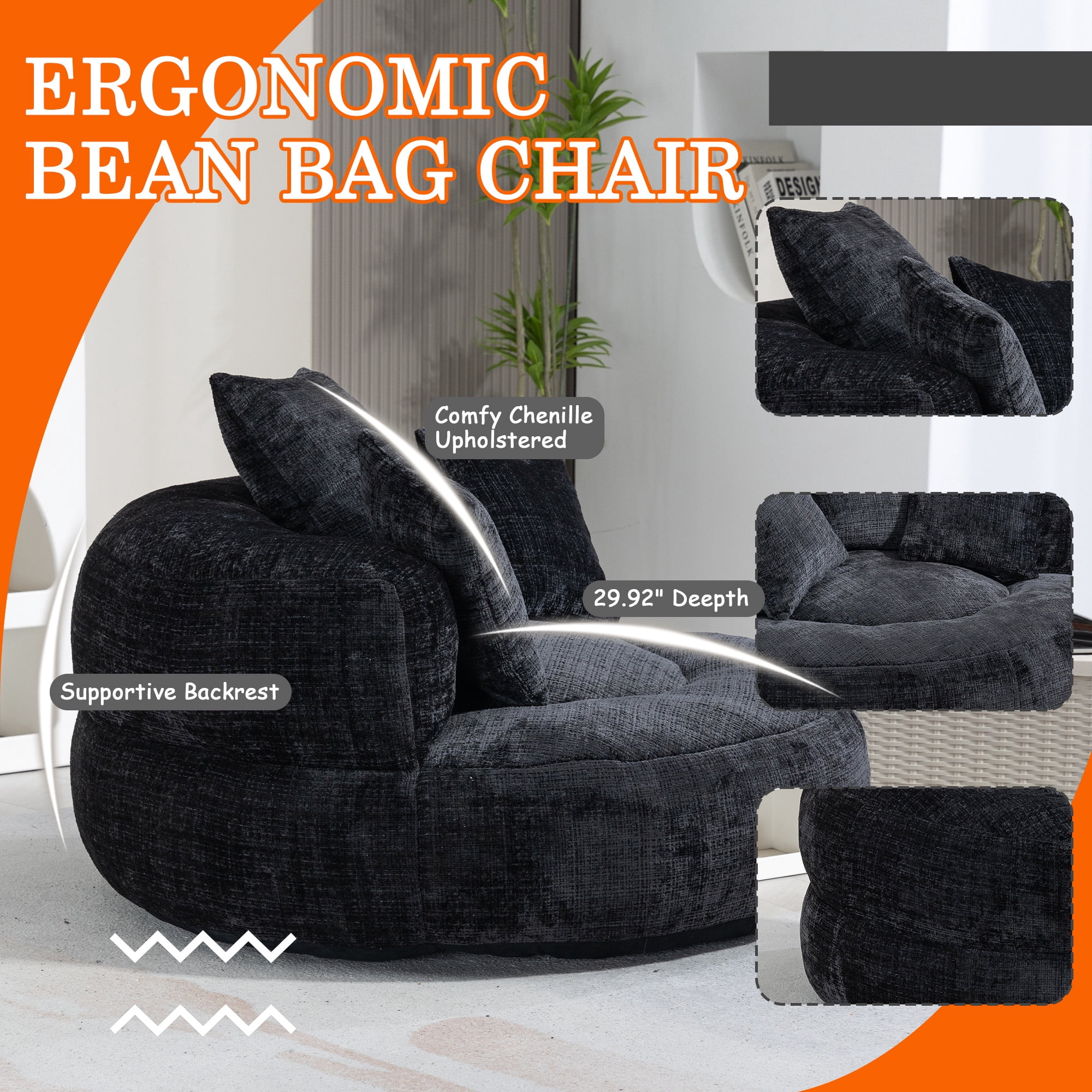 42.5''W Chenille Bean Bag Chairs, Chenille Soft Lazy Sofa Chair, Bean Bag Chair For Adults & Kids To Gaming,Reading,And Watching TV,Living Room, Bedroom,Office Room(Black)