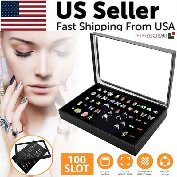 100-Slot Jewelry Ring Display Tray & Earring Storage Box - Velvet-Lined Organizer with Clear Lid, Stackable Ring Holder for Rings, Earrings, Necklaces & More, Perfect for Jewelry Collectors & Sellers