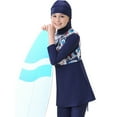thumbnail image 4 of IBTOM CASTLE Kids Girls Muslim Swimsuit Long Sleeve Butterfly Flower Printed Islamic Swimwear Burkini Full Cover Cap Top Pants 3PCS Modest Bathing Suit 2-3 Years Deep Blue, 4 of 8