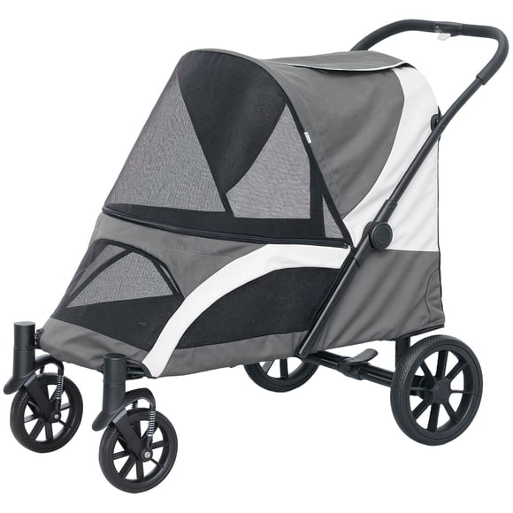 Poussette pour Grand Chien Pliable avec Cadre Absorbant les Chocs, Capacité de 66 Lb, Fenêtres en Maille et Laisses de Sécurité, Chariot pour Animal Gris Foncé pour les Déplacements et la Marche en Plein Air, 48,8 Po L x 26,4 Po L