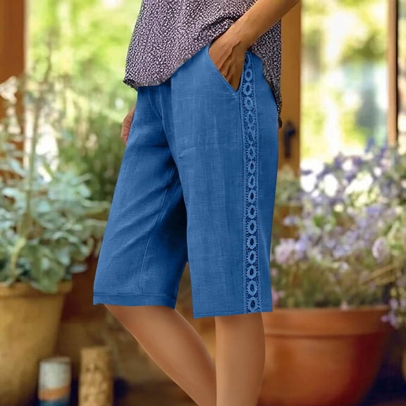 Afelkas Capri Pants Women Knee Length Summer Beach Linen Bermuda Shorts Drawstring Elastic Waisted Casual Shorts with Pockets Blue,L