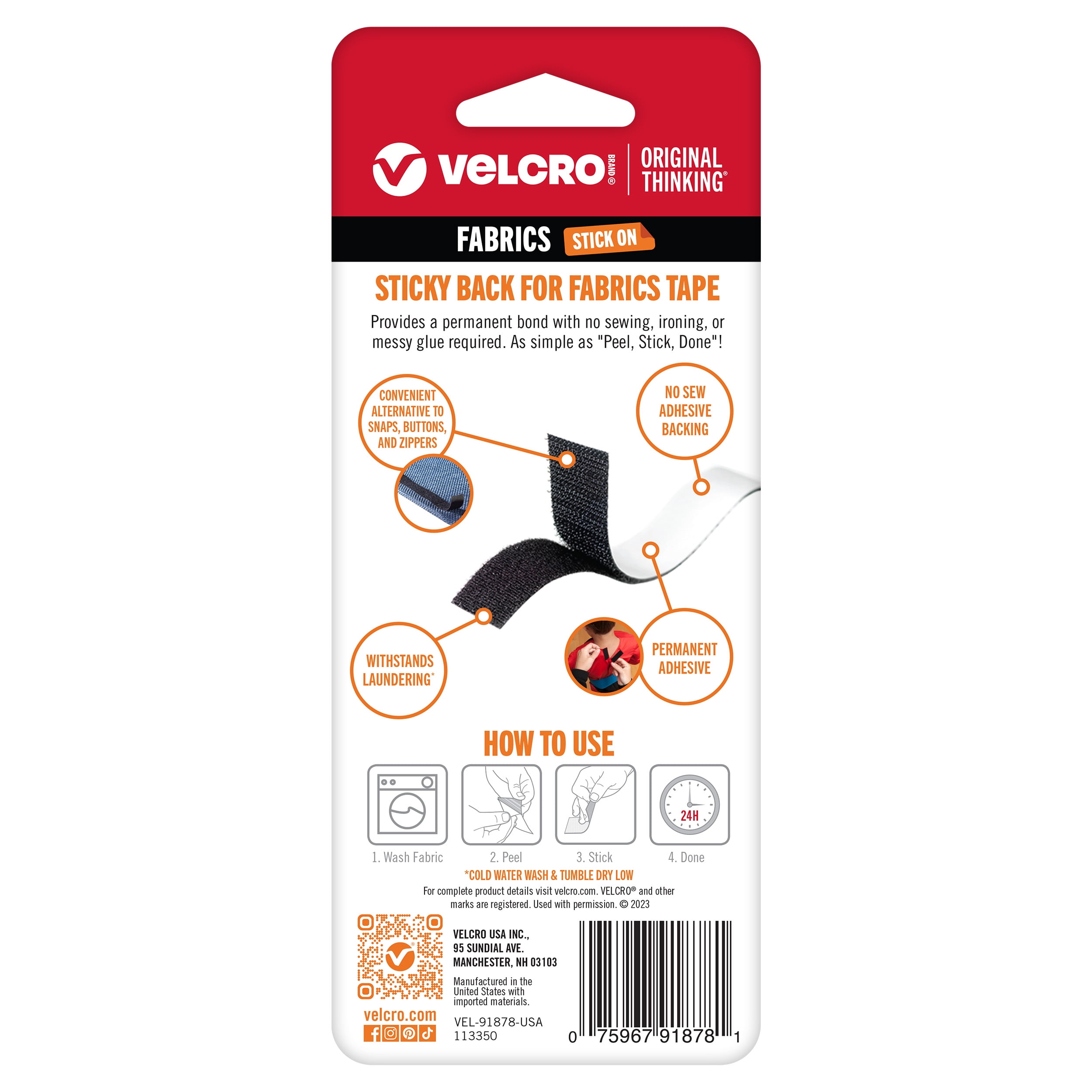 VELCRO Brand Sticky Back Hook & Loop Fasteners for Fabrics, No Sew Hemming, Costumes, Easy Wardrobe Repair 24in x 3/4in Black Plain Tape for Material