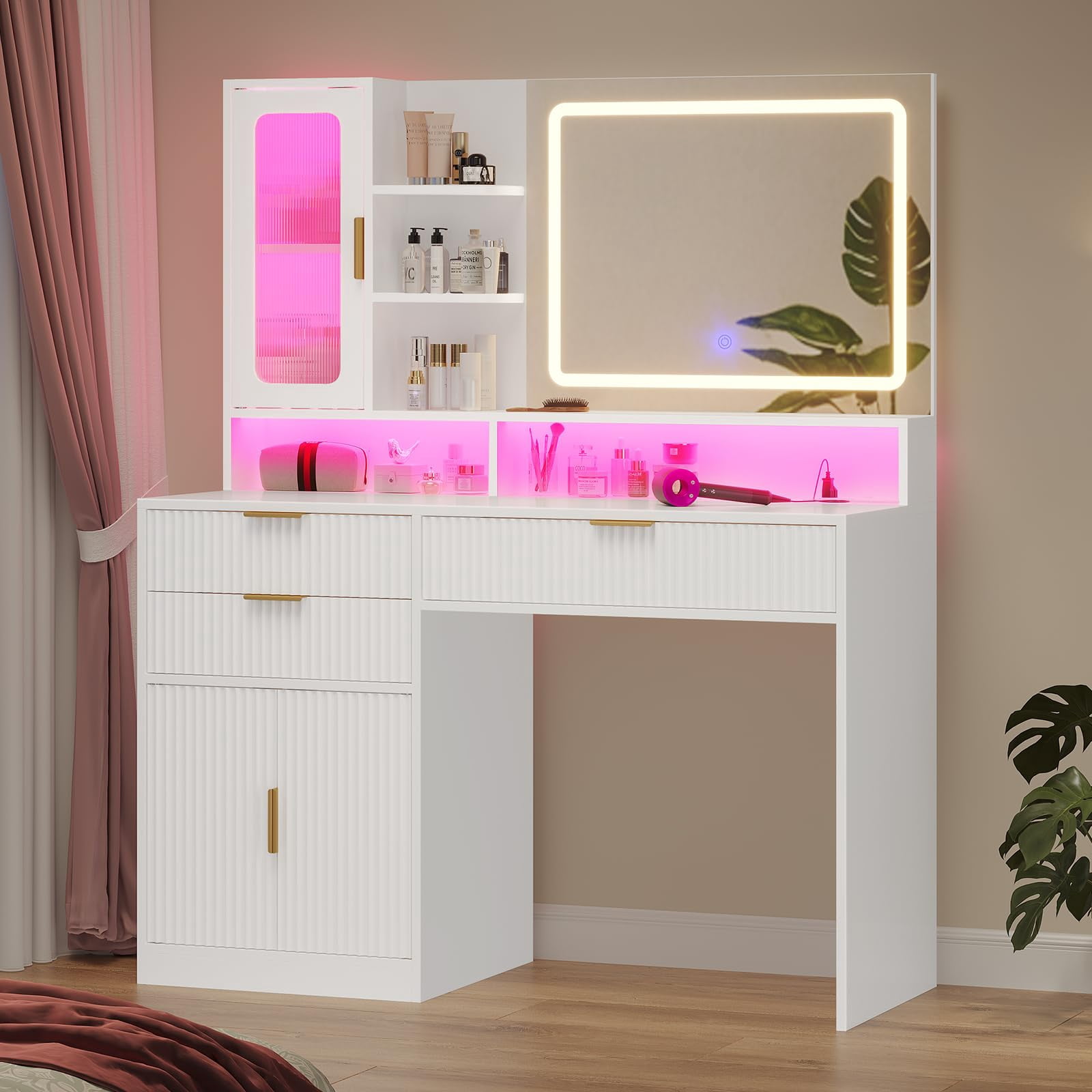 Fluted Makeup Vanity Desk with Touch Screen Mirror and Lights, Wood Vanity Table with Charging Station & LED Lights, with 3 Drawers & Cabinet & Shelves, White