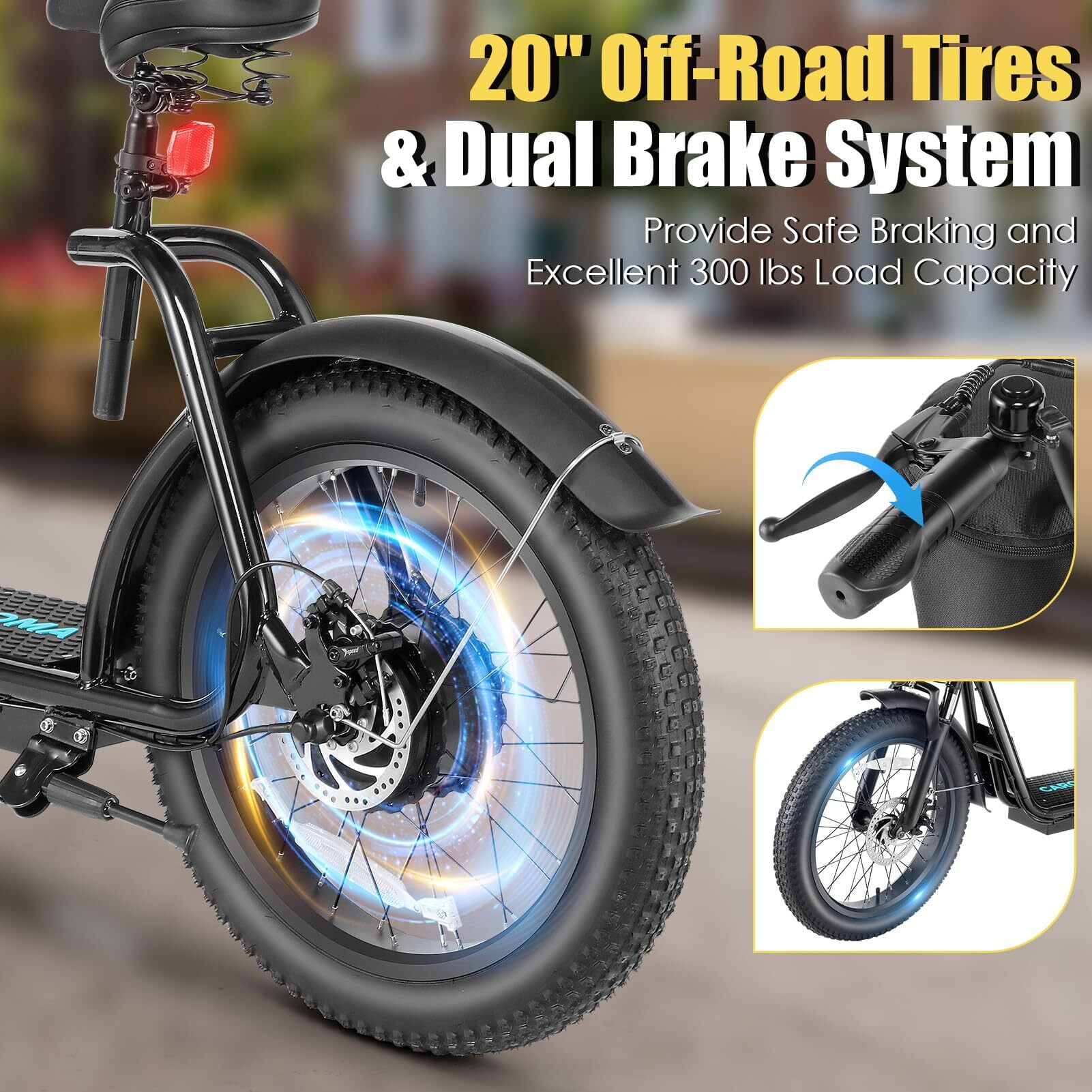 HOTEEL Electric Scooter for Adult, 30Miles Range&20Mph Power by 20"Off-Road Tire&Height Adjustable Seat, Foldable Scooter E Bike for Mountains, Snow, Road, Black