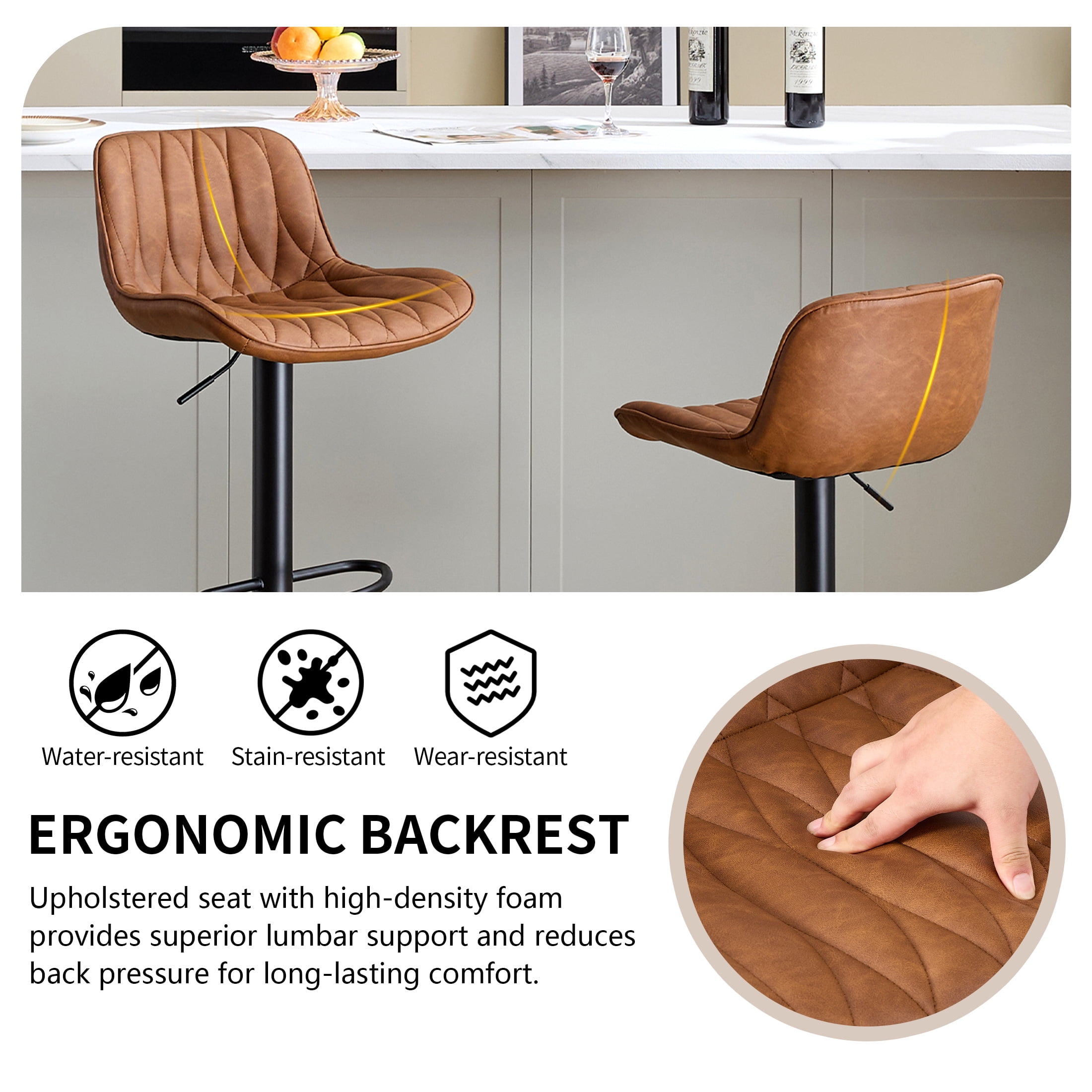 FIRAVOE Swivel Bar Stools Set of 2 (Adjustable Height 25"-33") Counter Height Bar Stools with Back, Modern Faux Leather Barstools for Kitchen Island, Brown