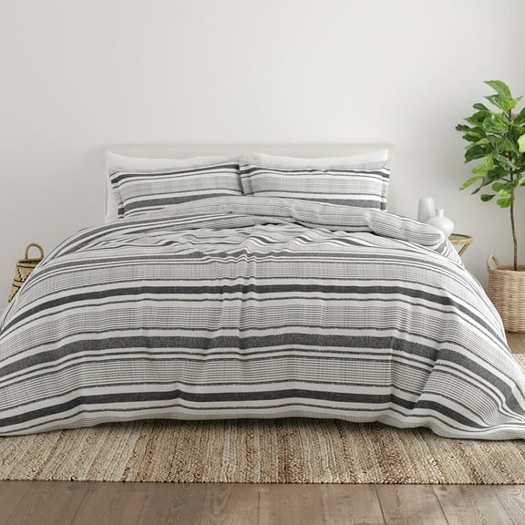 Noble Linens Light Gray Vintage Stripe Pattern 3-Piece Duvet Cover Set, Full/Queen