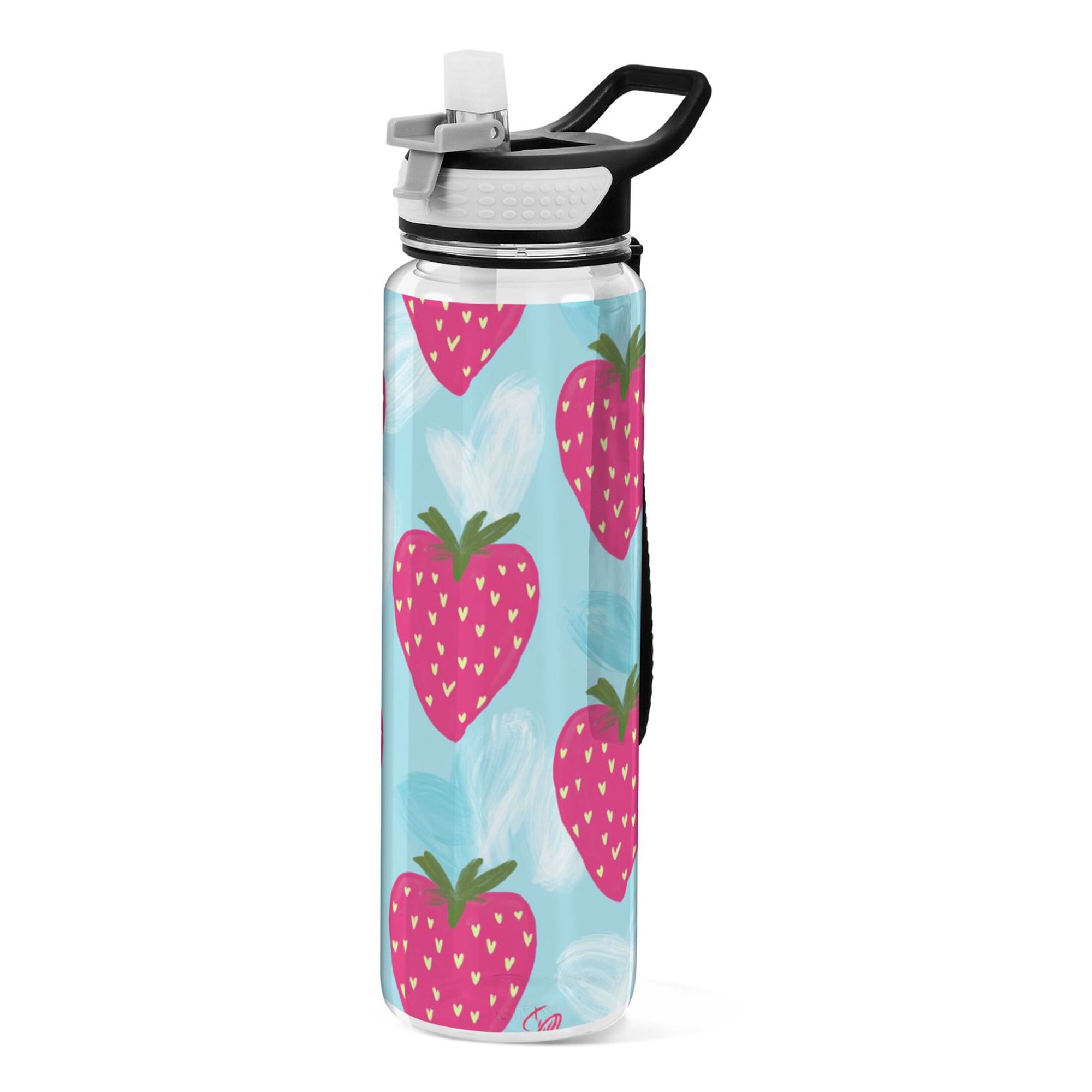 1000ml Clear Water Bottles with Handle and Locking Lid Quality Tritan Sport Bottle Straw for Gym Travel Light Blue Strawberry Printed