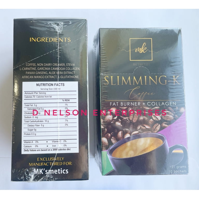 l-carnitine instant coffee for weight loss slimming coffee 1 box MK Slimming-K Fat Burner + Collagen, 10 Sachets Reduced L-Glutathione with Alpha iv Flavor:Mango Pineapple